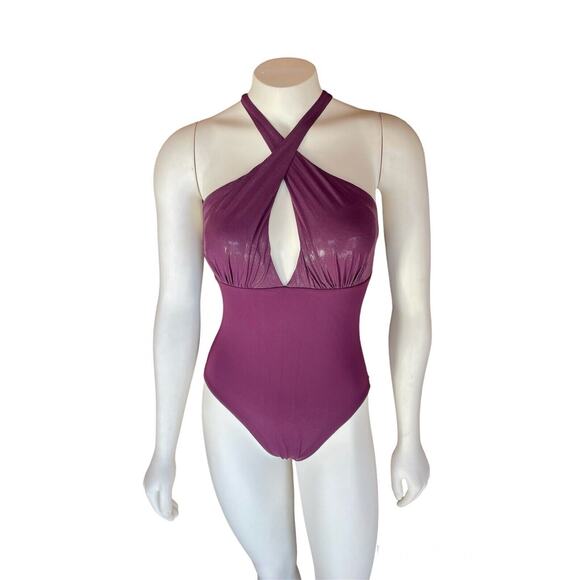 Silvian Imberg Purple One Piece Swim Criss Cross Neck Size 8 - Picture 5 of 11